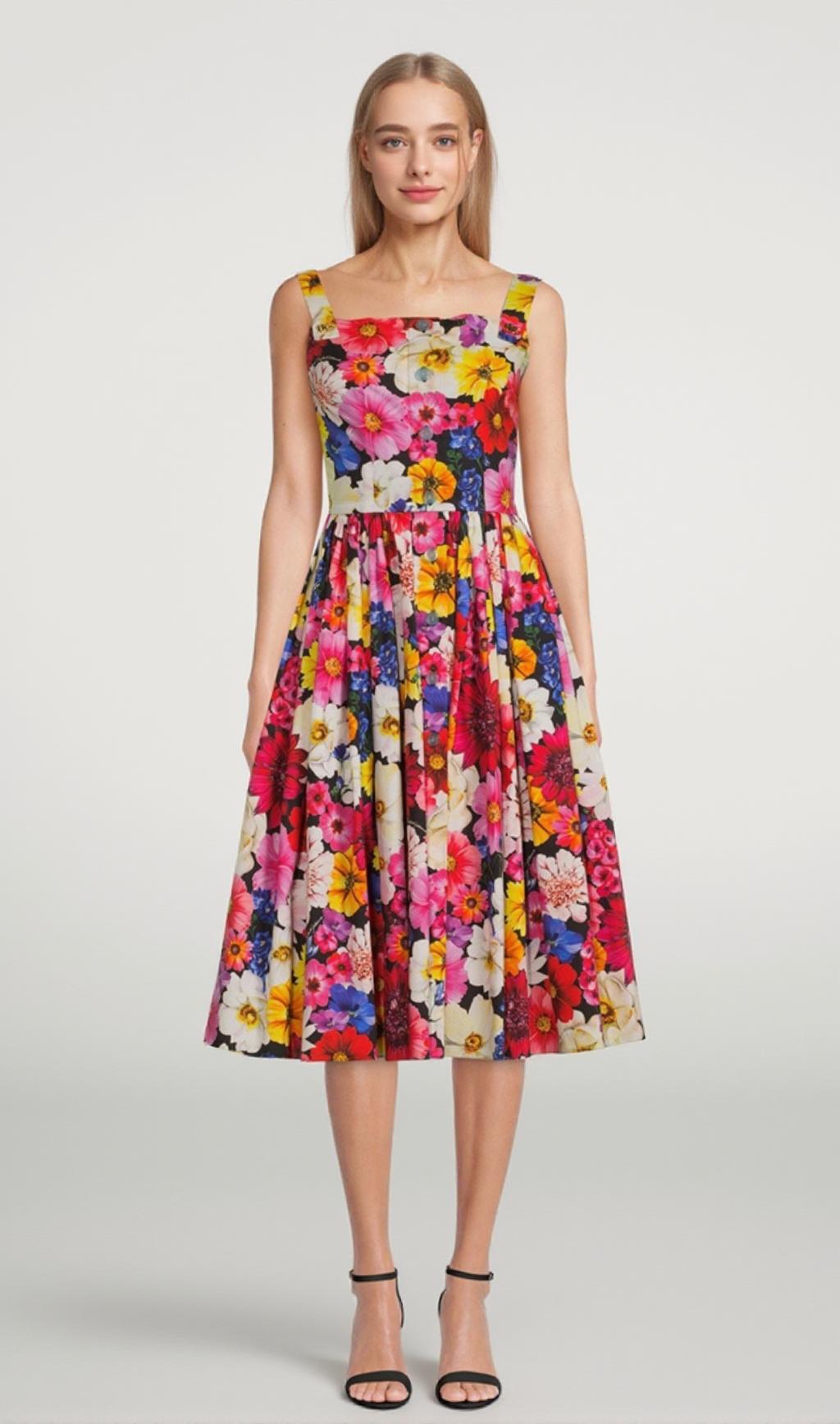 COTTON POPLIN MIDI DRESS IN GARDEN PRINT