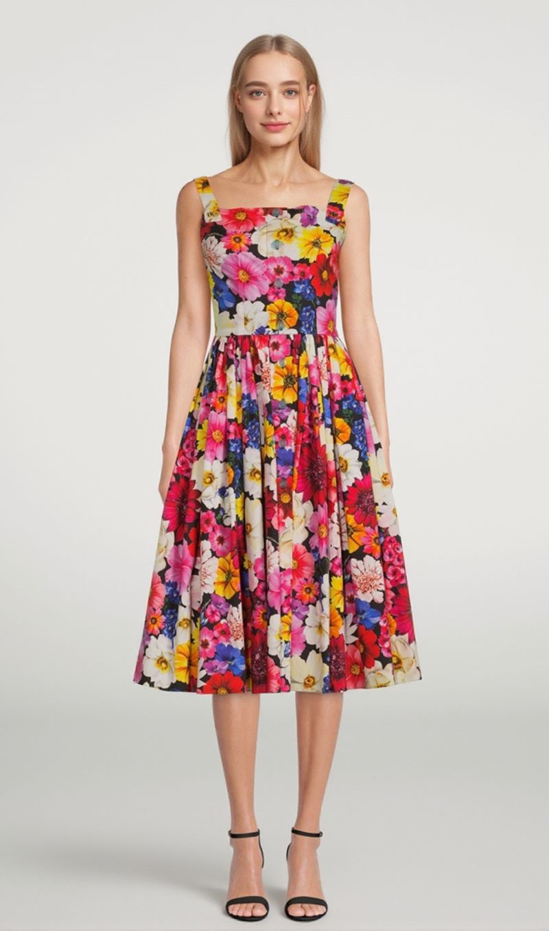 Cotton Poplin Midi Dress In Garden Print