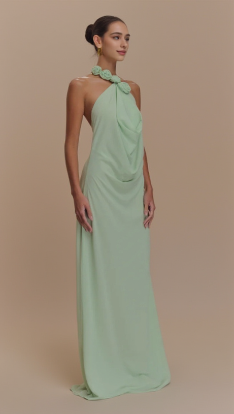 FLORAL HALTERNECK HIGH COLLAR MAXI DRESS GREEN