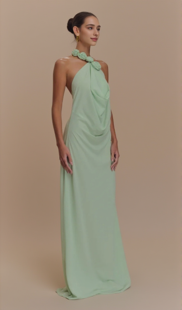 FLORAL HALTERNECK HIGH COLLAR MAXI DRESS GREEN