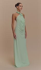Floral halterneck high collar maxi dress green