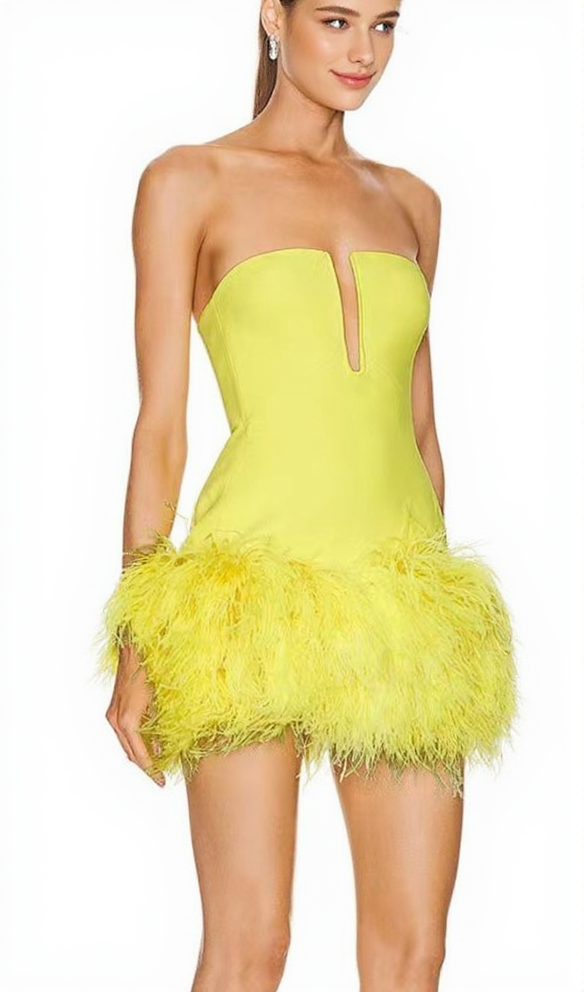 DEEP V TUBE TOP OSTRICH FEATHER HIP-WRAPPED MINI DRESS YELLOW