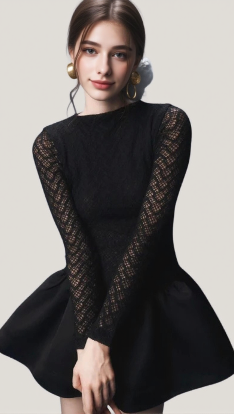 LACE PATCHWORK PUFF MINI DRESS IN BLACK