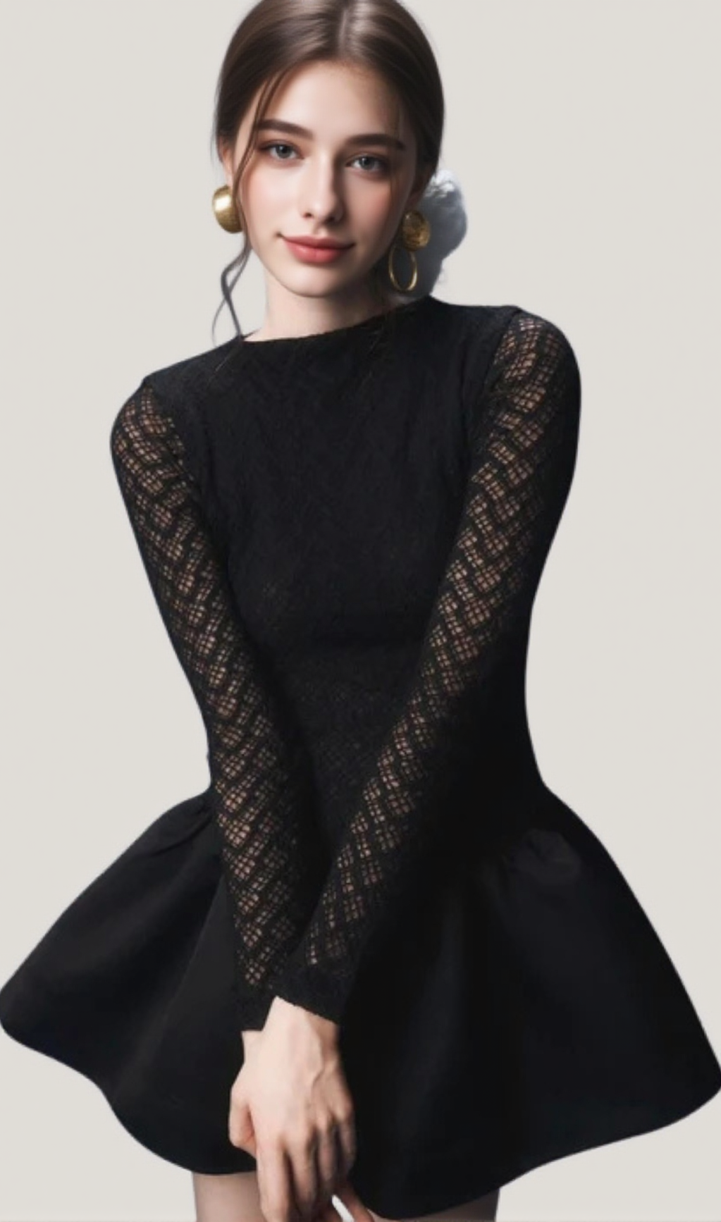 LACE PATCHWORK PUFF MINI DRESS IN BLACK