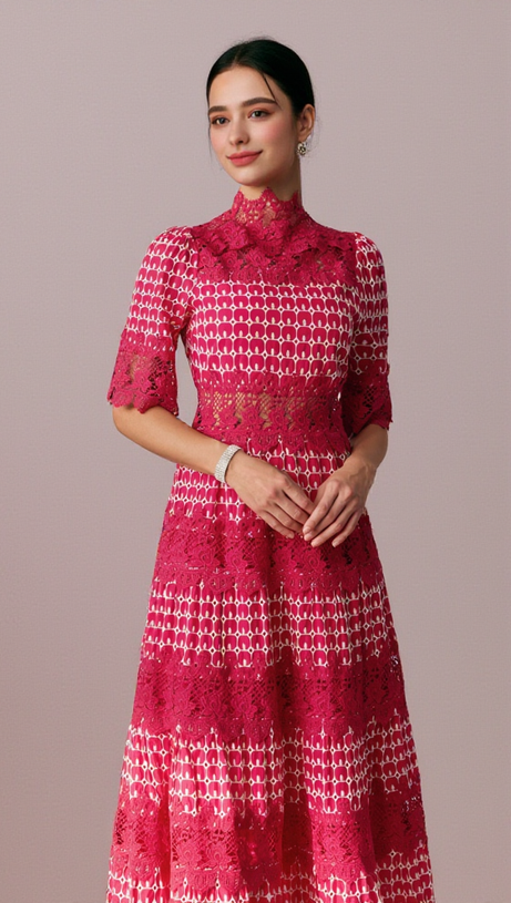 Simona – Besticktes Midikleid aus Spitze in Rot