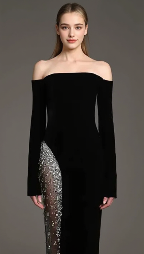 ABITO LUNGO A MANICHE LUNGHE IN RETE CON CRISTALLI BARDOT NERO