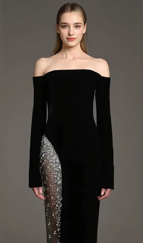 LONG SLEEVE BARDOT CRYSTAL MESH MAXI DRESS BLACK