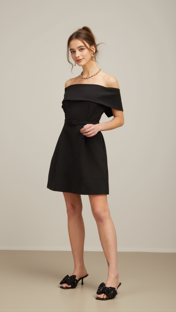 AIIZIE BELTED OFF-SHOULDER A-LINE MINI DRESS IN BLACK - product image