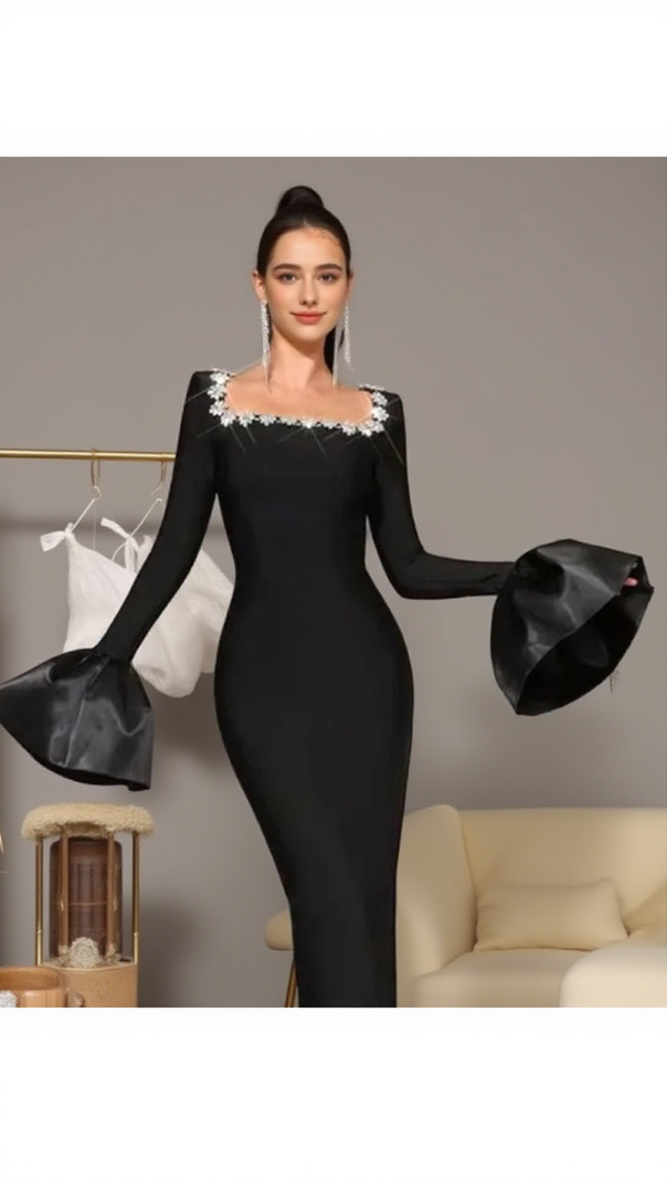 AIIZIE LONG SLEEVE CRYSTAL NECKLINE MAXI DRESS BLACK - product image