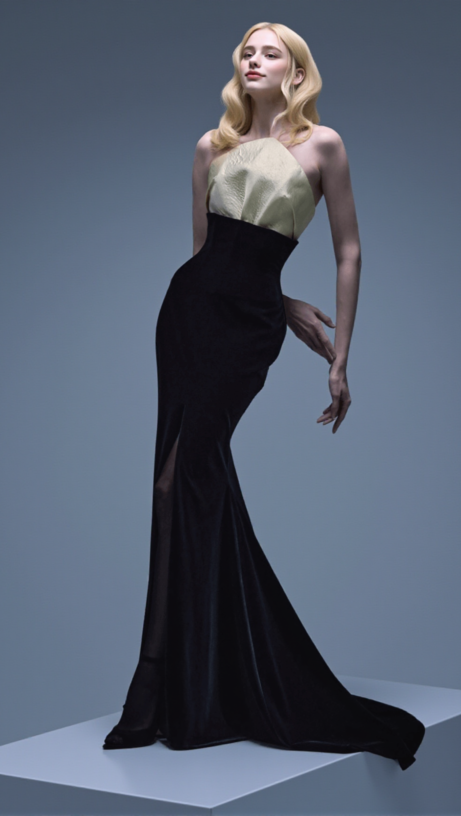 Trägerloses Meerjungfrau-Maxi-Samtkleid Schwarz Elfenbein