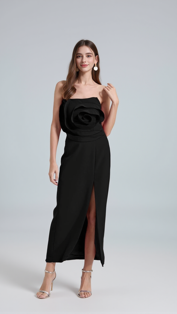 AIIZIE MICHELLE 3D FLOWER STRAPLESS MIDI DRESS IN BLACK - product image