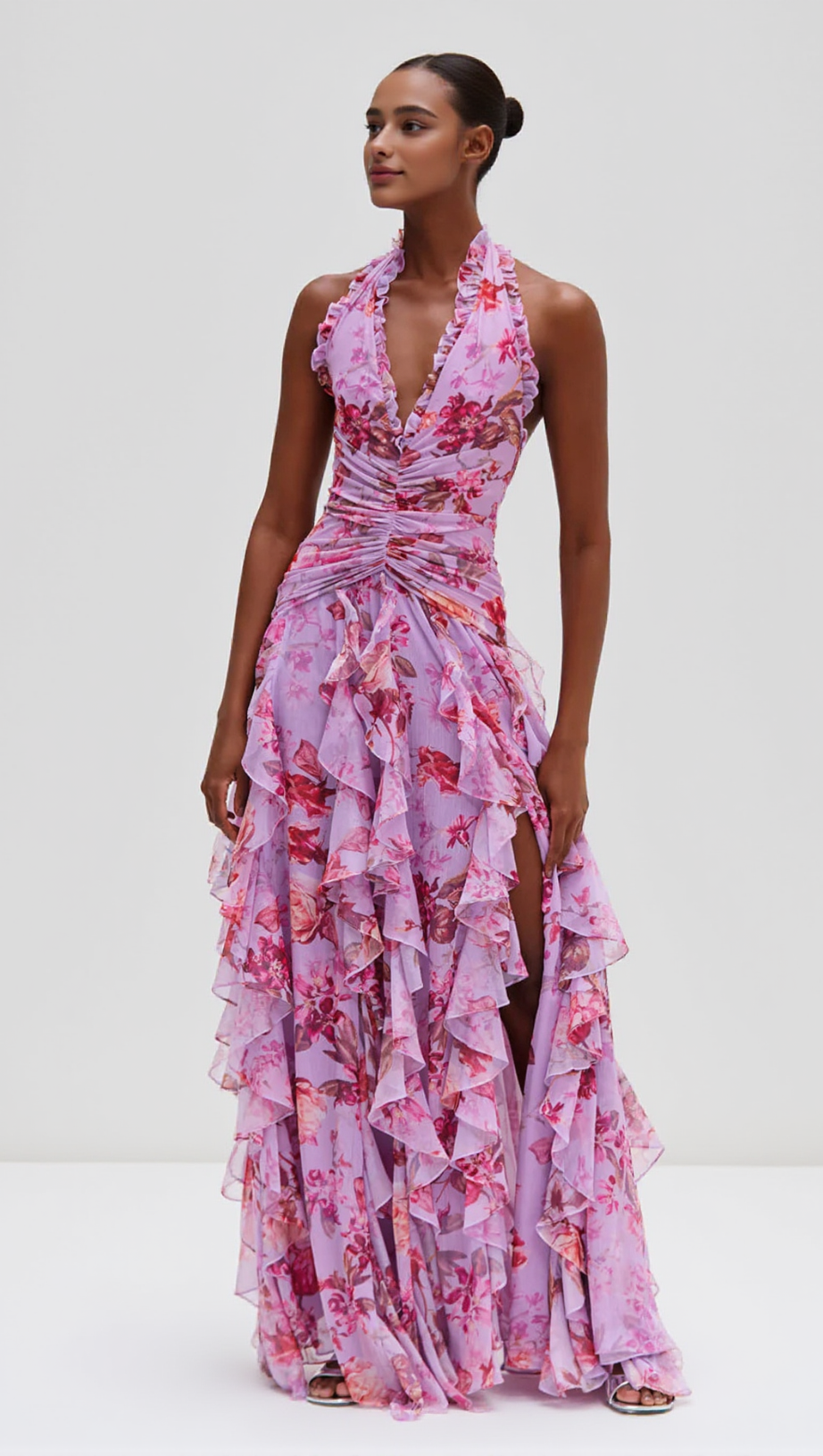 FLORAL HAZE STRETCH TULLE MAXI DRESS