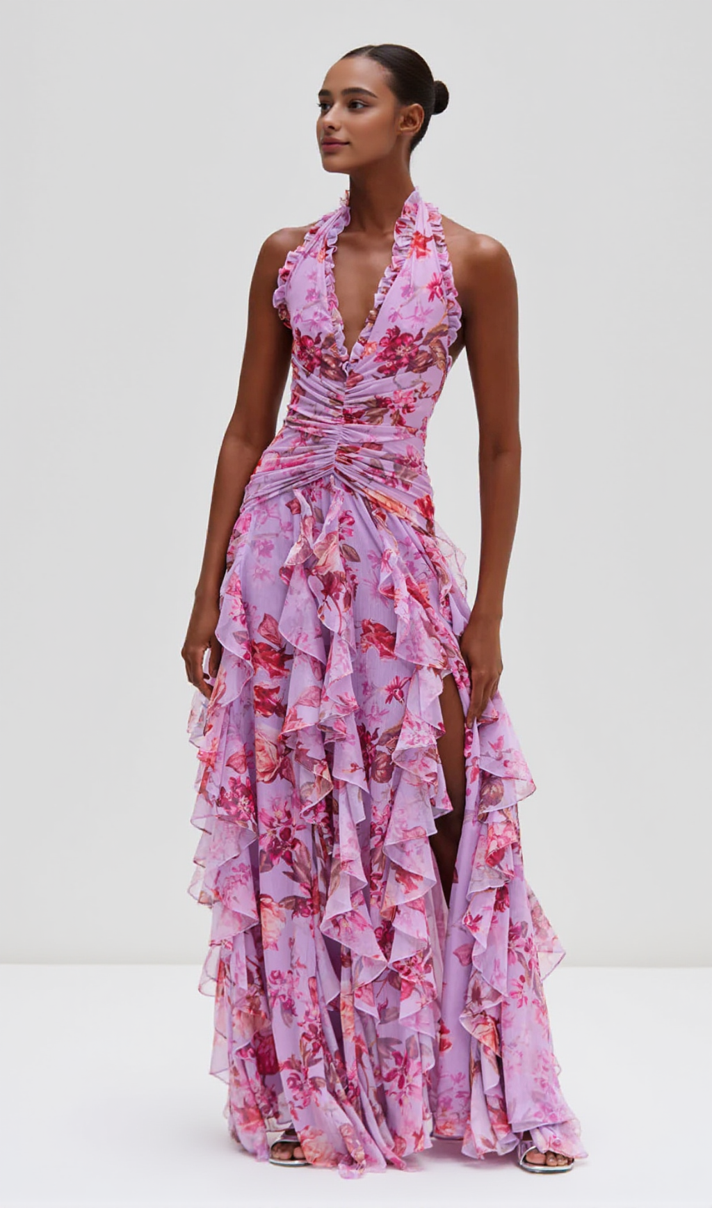 FLORAL HAZE STRETCH TULLE MAXI DRESS