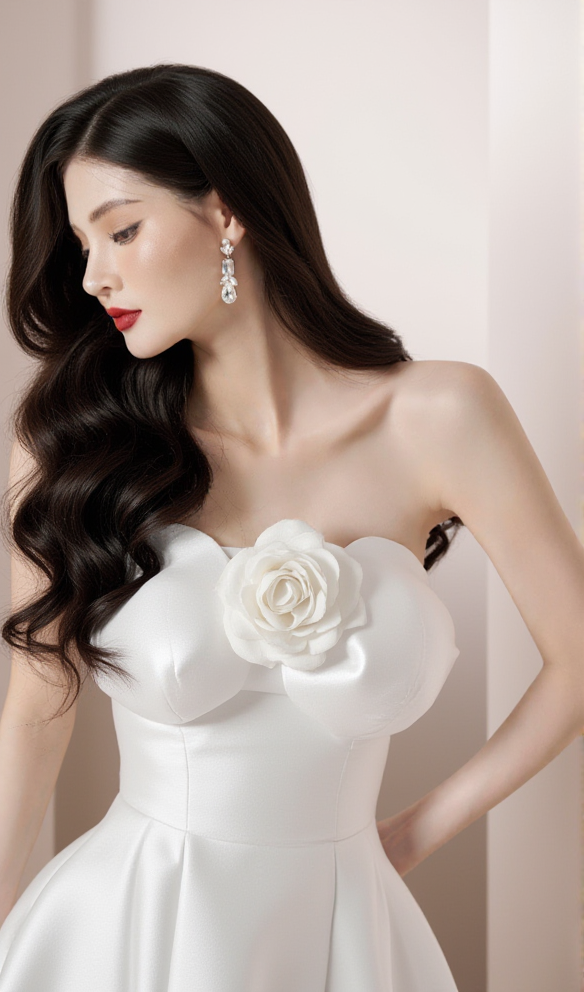mignon 3d flower satin strapless midi dress in white