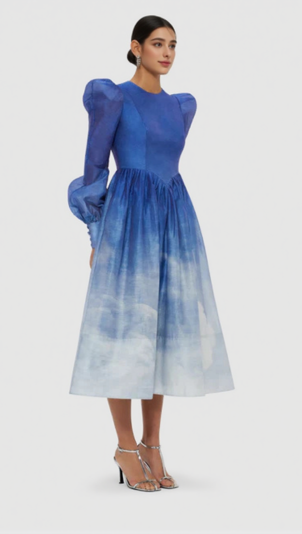 AIIZIE JORDANA STRUCTURED SHOULDER MIDI DRESS IN AERIAL PRINT - product image