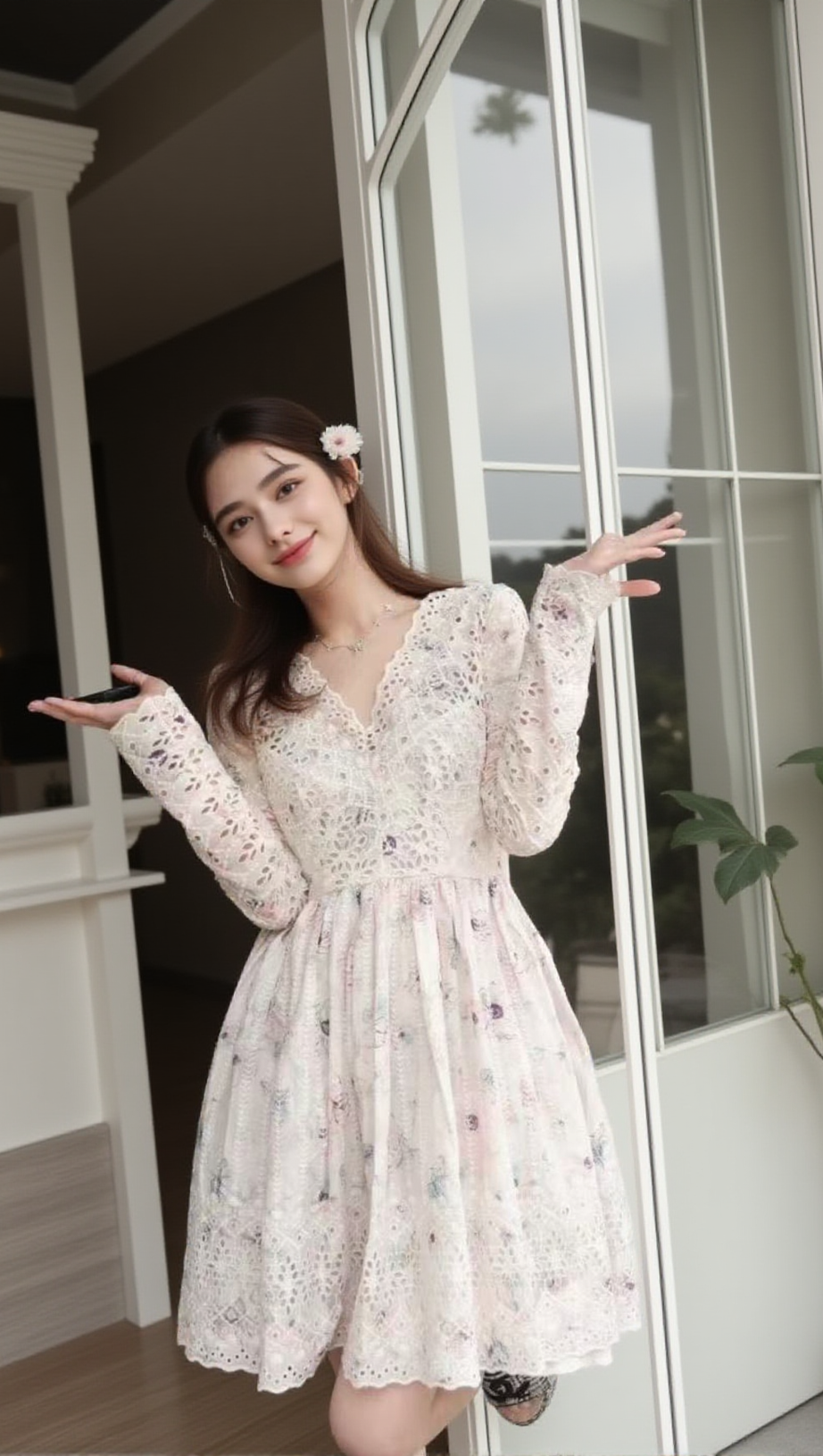 Langärmliges Minikleid mit V-Ausschnitt und Spitzendetail