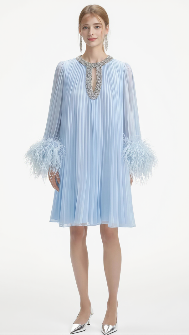 AIIZIE MANJA DIAMANTE CHIFFON FEATHER MINI DRESS - BLUE - product image