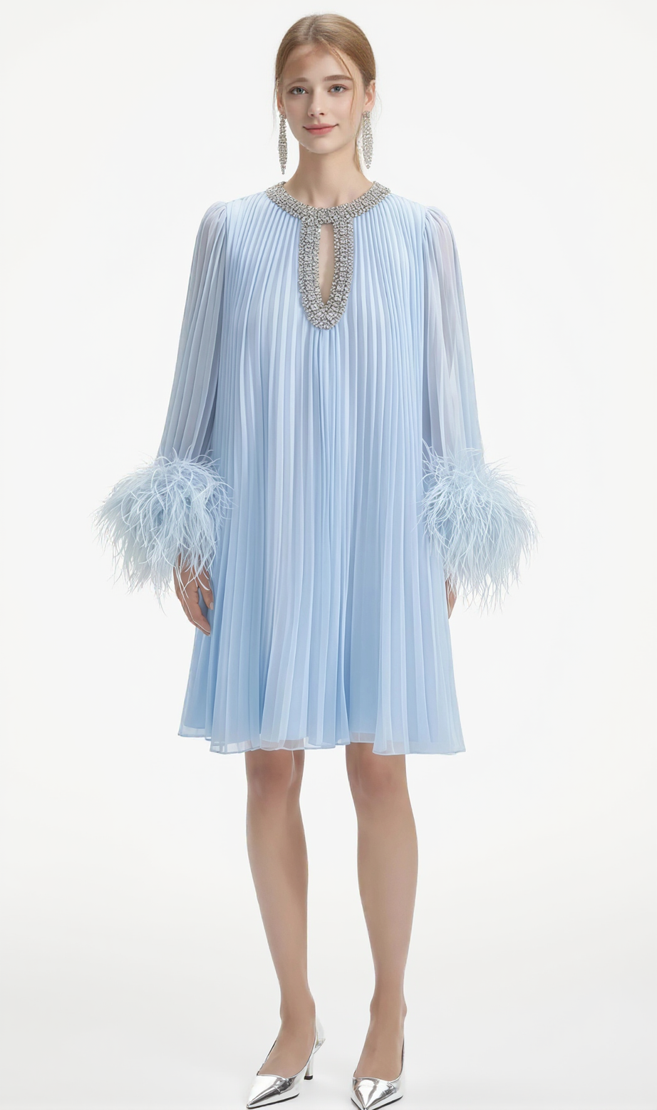 Manja Diamante Chiffon Feather Mini Dress - Blue