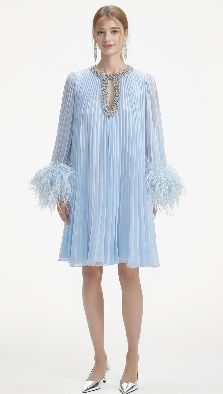 MANJA DIAMANTE CHIFFON FEATHER MINI DRESS - BLUE