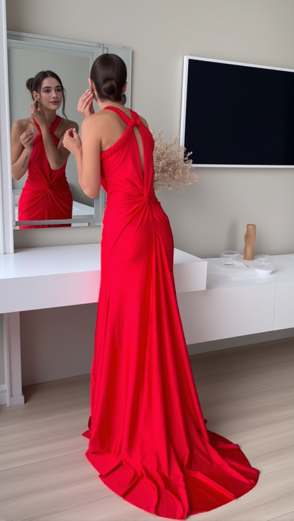 AIIZIE HALTER BRAIDED DRAPED MAXI DRESS RED - product image