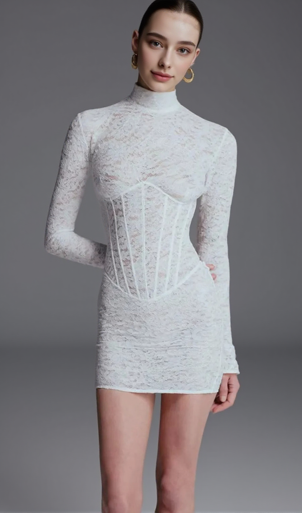 LACE JACQUARD FISHBONE BODYCON MINI DRESS IN WHITE