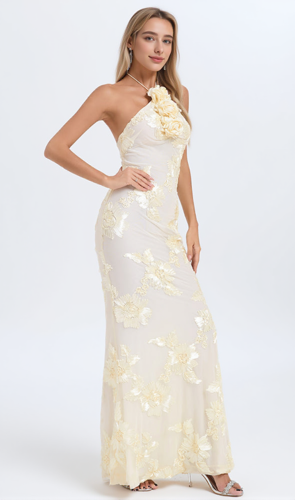 GABRIELLE EMBOIDERED FLORAL HALTER MAXI DRESS IN PALE YELLOW