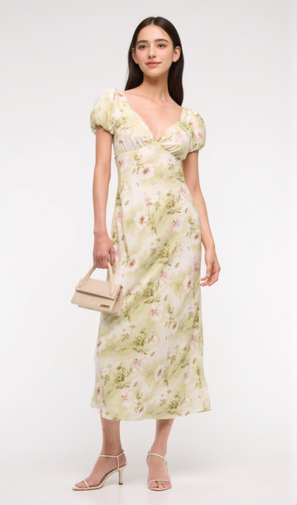 Kleid mit V-Ausschnitt und geblümten Puffärmeln