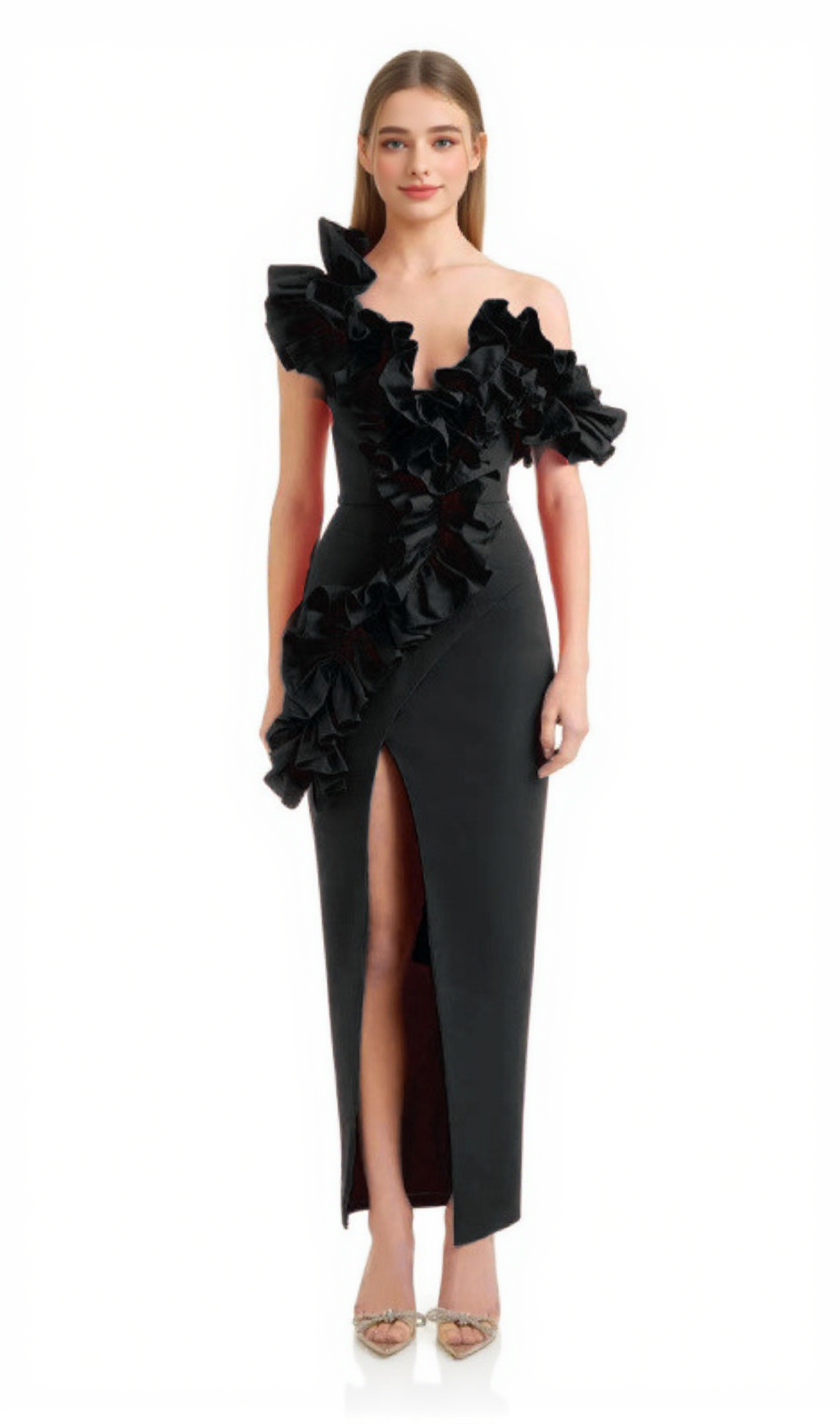 Gerüschtes V-Ausschnitt Schlitz Party Abendkleid Schwarz