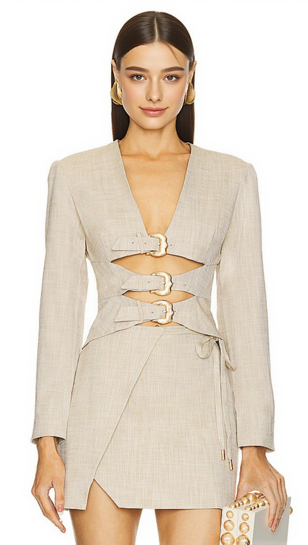AIIZIE ALTHEA BEIGE CUT OUT BLAZER WITH METAL BUTTON - product image