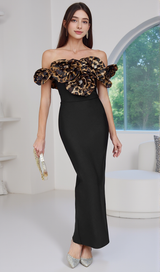 3d flower leopard pattern bandage maxi dress in black