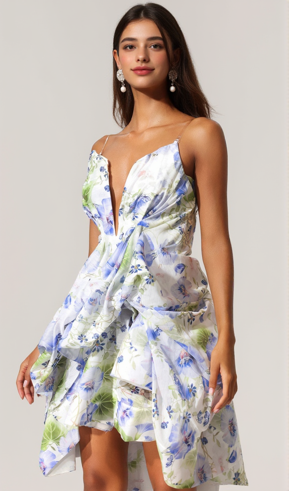 Ärmelloses, asymmetrisches Minikleid mit Blumendruck „Odelia“