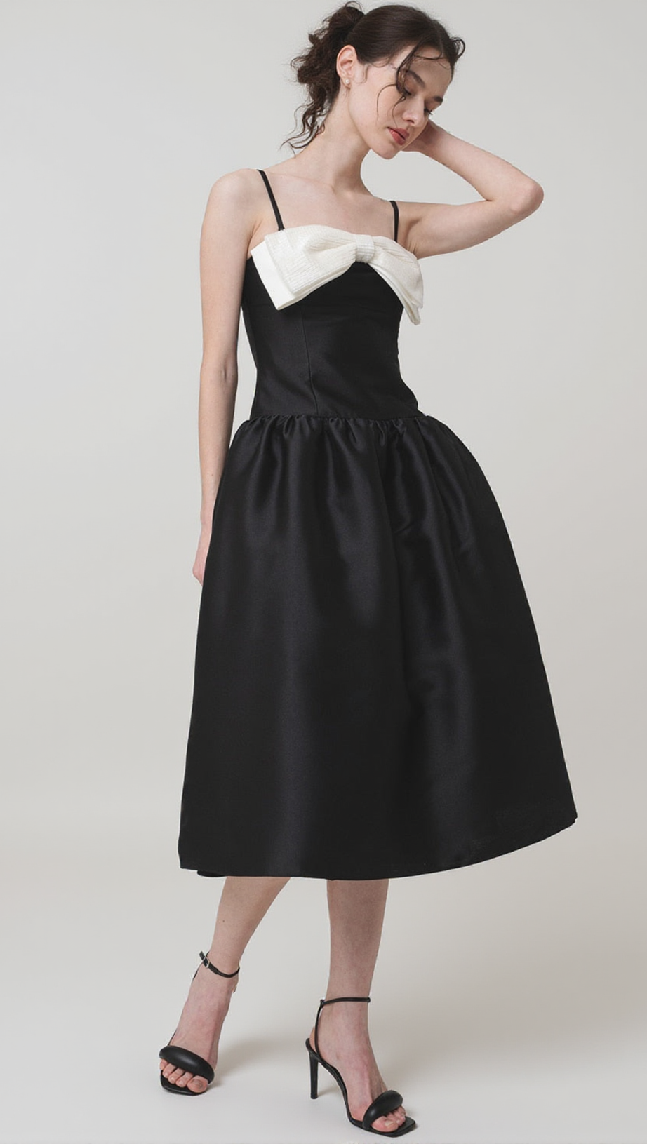 BOW-DETAIL TAFFETA MIDI DRESS IN BLACK