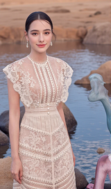 A-line sleeveless lace temperament embroidered court midi dress