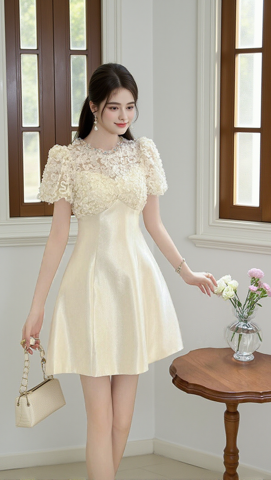 FLORAL LACE PUFF SLEEVE A-LINE MINI DRESS IN APRICOT