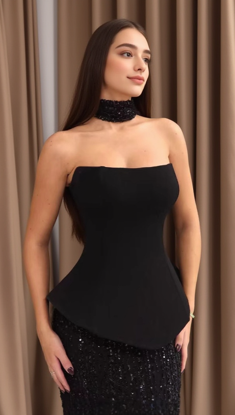 BLACK TOP AND SEQUINED FLOOR-LENGTH SKIRT SUIT