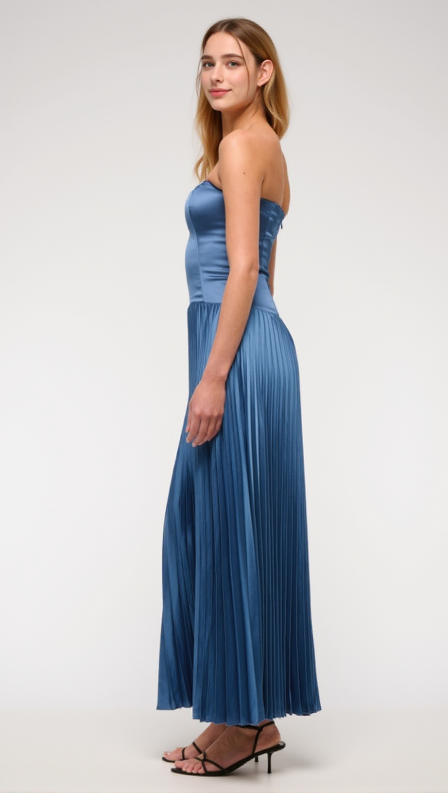 GISELLE PLEATED DROP-WAIST MAXI DRESS IN BLUE