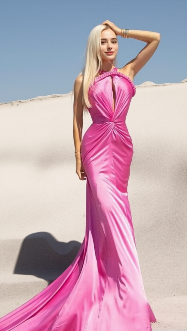 AIIZIE HALTER BRAIDED DRAPED MAXI DRESS HOT PINK - product image