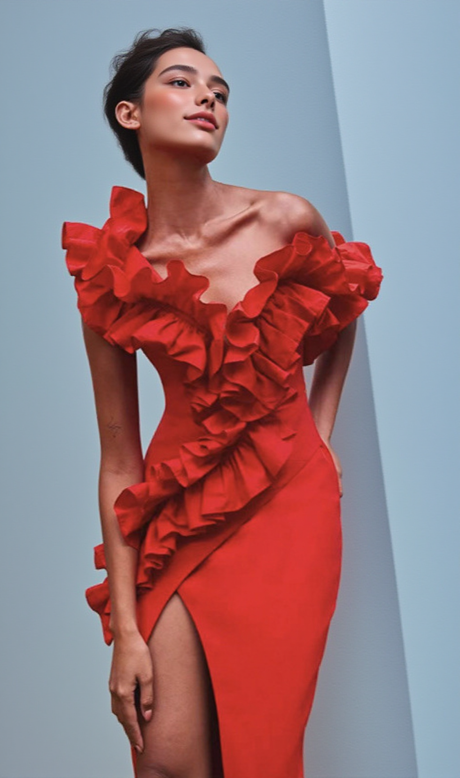 Abito da sera rosso con scollo a V e spacco