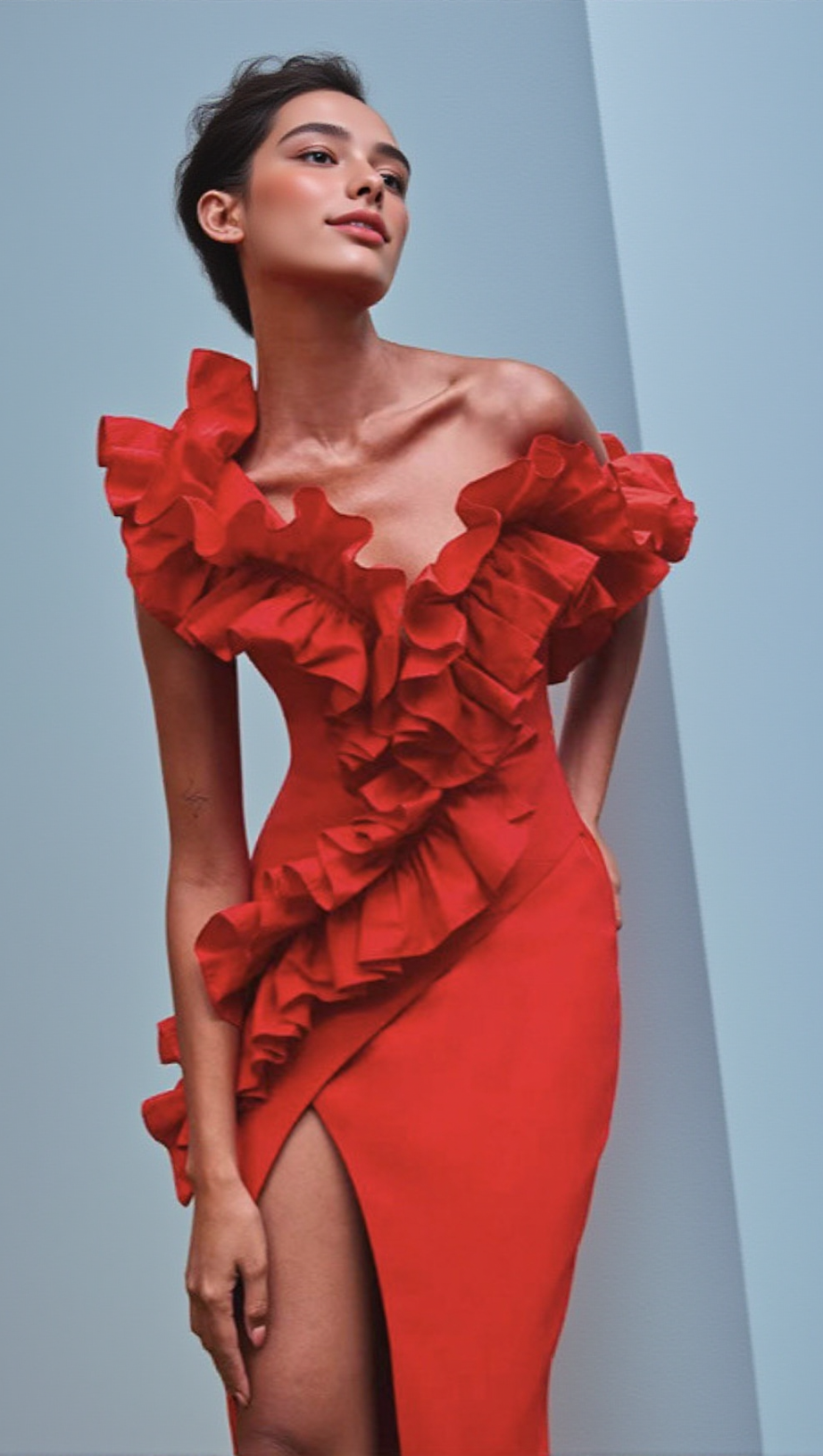 Gerüschtes V-Ausschnitt Schlitz Party Abendkleid Rot