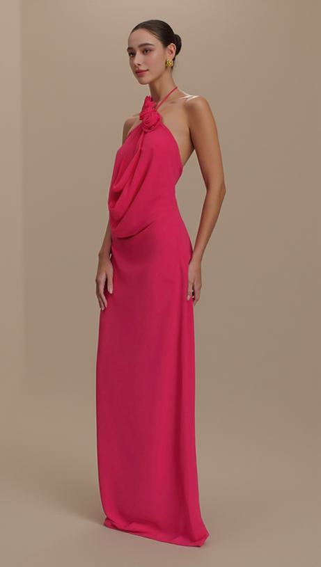 ABITO LUNGO CON COLLO ALTO E SCOLLO A LACCI FLOREALI ROSA