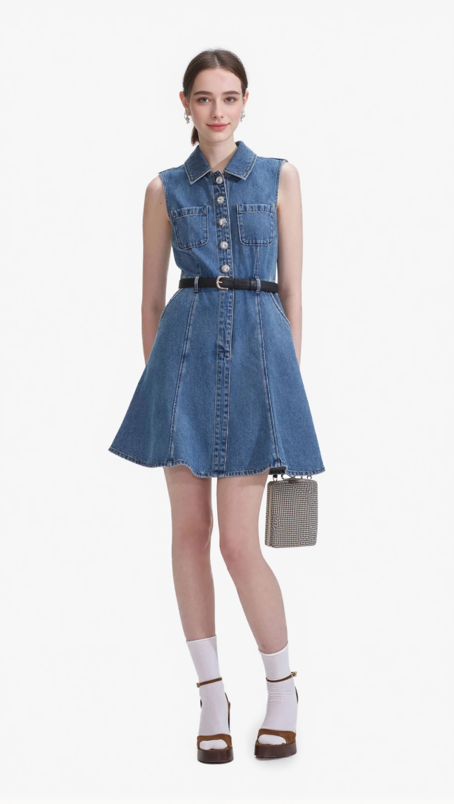 DENIM SLEEVELESS PEARL MINI DRESS
