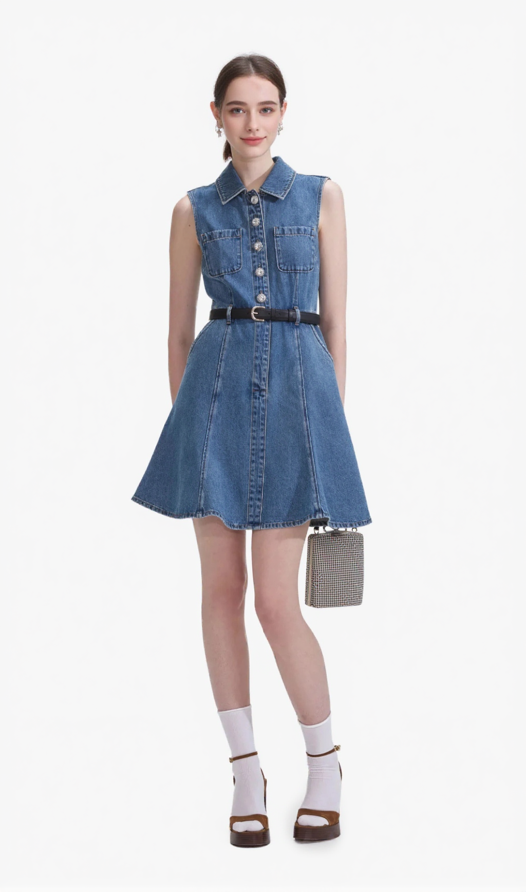 DENIM SLEEVELESS PEARL MINI DRESS