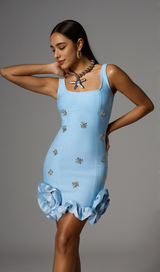 rachel Rhinestone Flower Bandage Mini Dress in blue