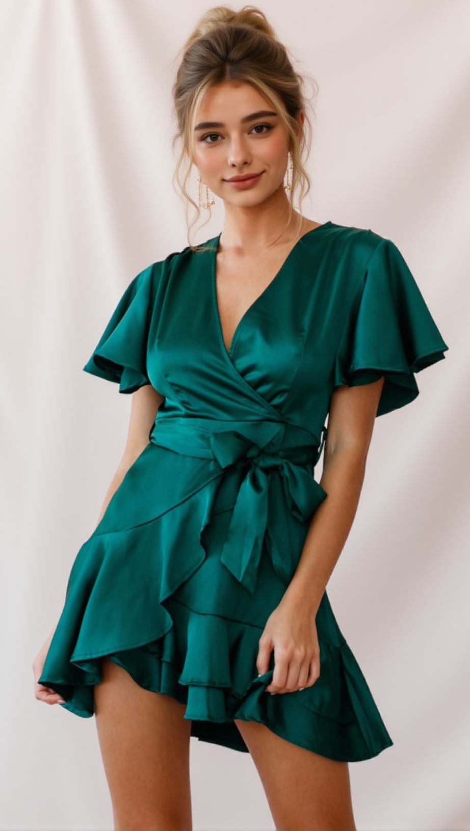 CAMI ANGEL SLEEVE FAUX WRAP DRESS JADE