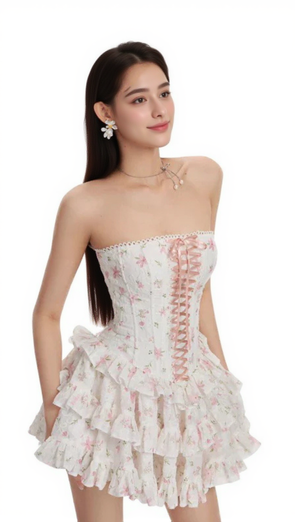 AIIZIE FLORAL PRINT CHEST-WRAPPED MINI DRESS IN WHITE - product image