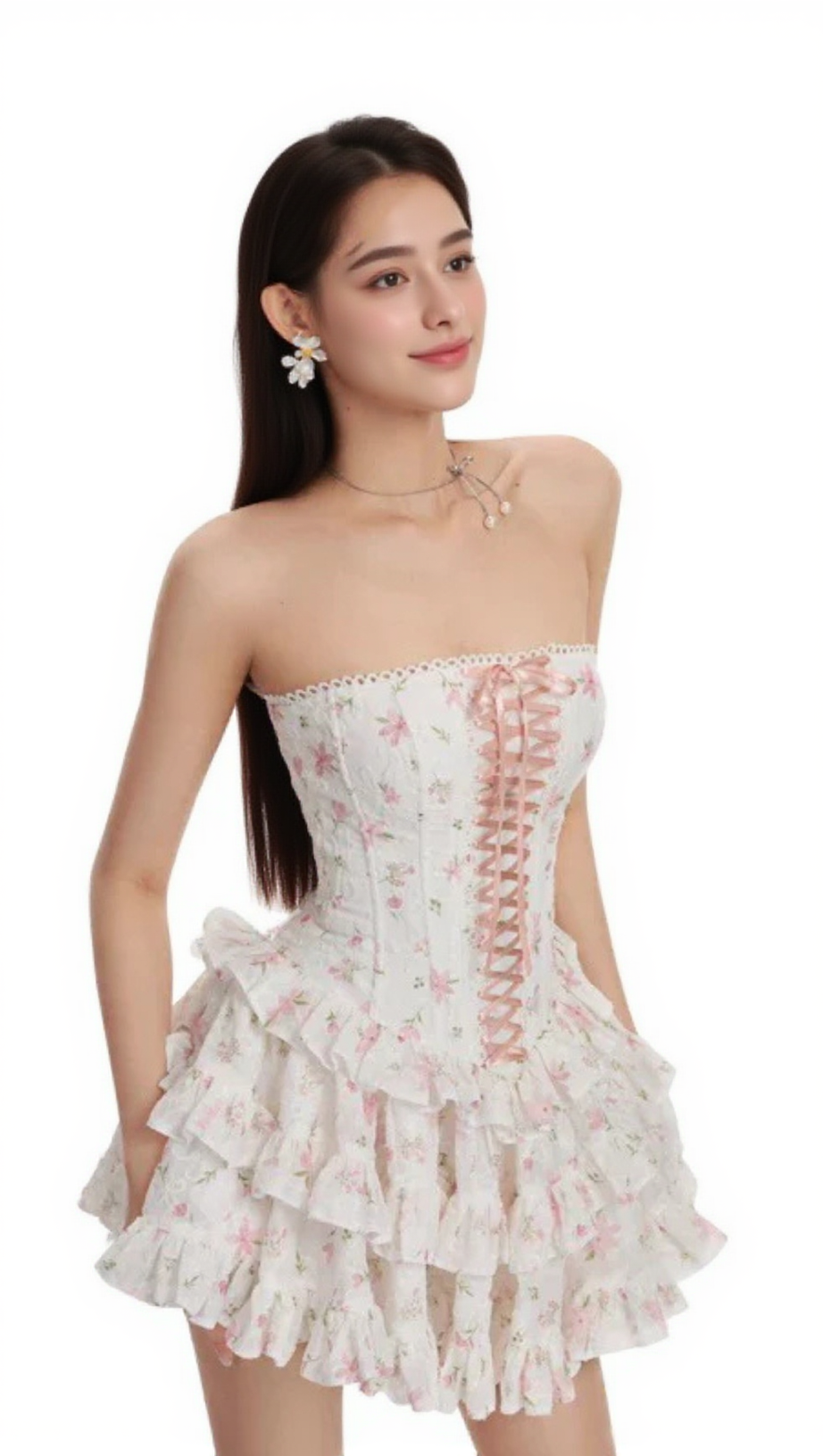 FLORAL PRINT CHEST-WRAPPED MINI DRESS IN WHITE