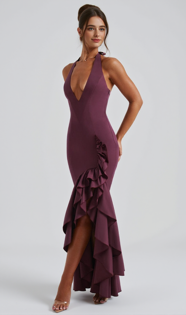 Veronique ruffle hem Maxi Dress in Cherry Lacquer