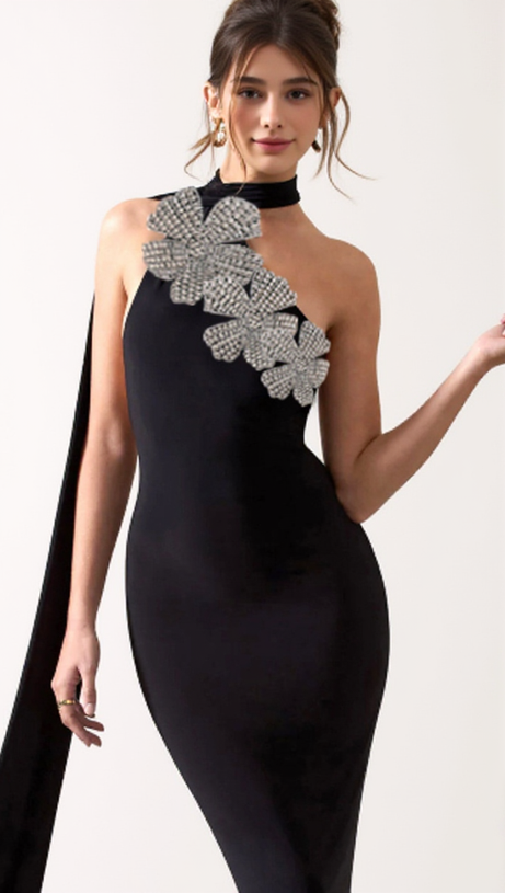 EMILY DIAMOND ABITO LUNGO CON FASCE A FIORI IN NERO