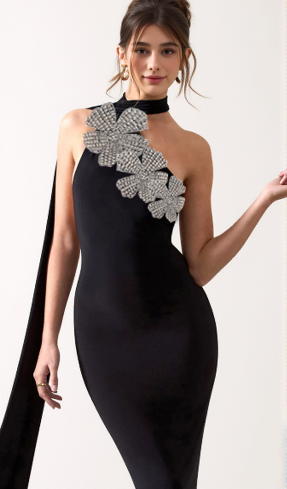 AIIZIE EMILY DIAMOND FLOWER BANDAGE MAXI DRESS IN BLACK - product image