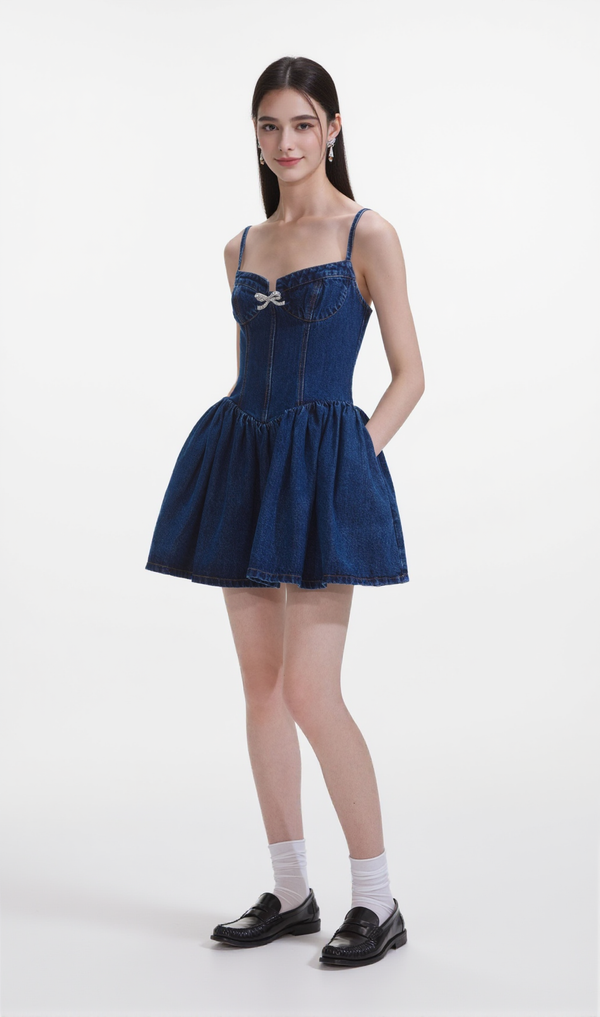 Denim Diamante Bow Sweetheart Mini Dress